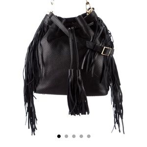 ISO Brian Atwood fringe-trimmed snakeskin bucket bag in black